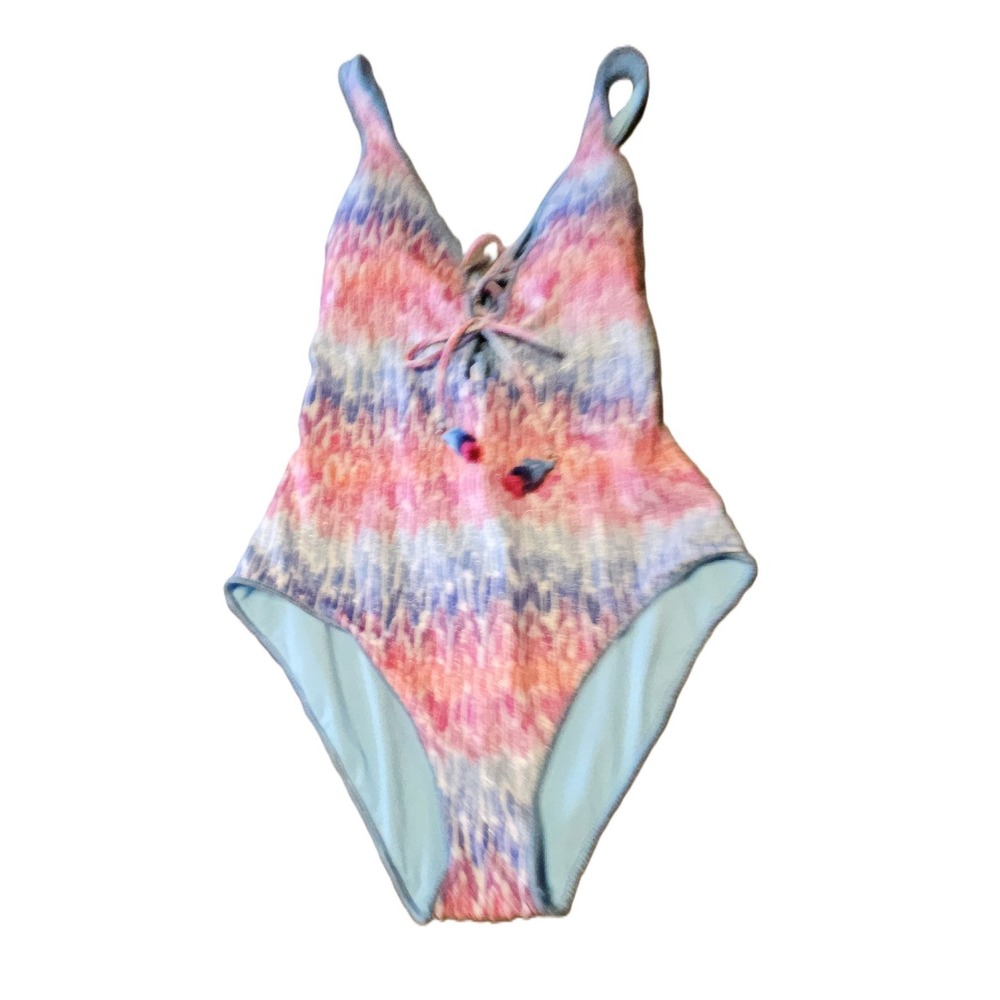 Becca One Piece Swimsuit Large Lace Up Front Metallic Zig Zag High Leg 1-01345